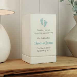 Personalised Baby Boy Wooden Memorial Urn with Footprints