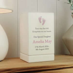 Personalised Baby Girl Wooden Memorial Urn with Footprints