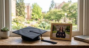 A graduation cap resting on a windowsill beside a small framed photograph, soft natural light